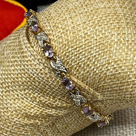 Vintage Gold Over Sterling Silver Bracelet – Amethyst & CZ Accents – 7.25” - Picture 7 of 17